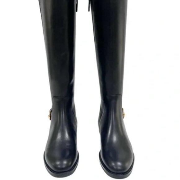 Cole Haan Clover Black Leather Riding Boots Stretch Gold Buckle Tall 7.5 NEW - Picture 1 of 5